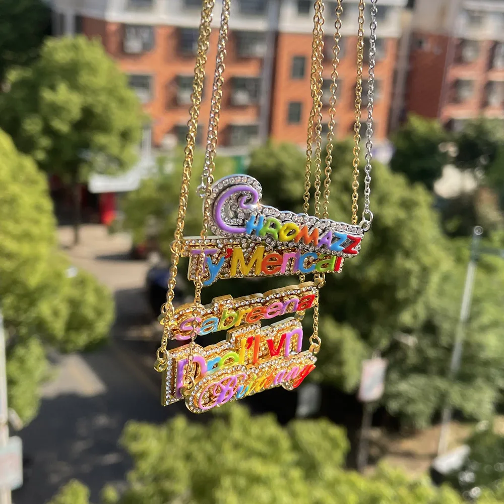 Lulu\'s Custom Colorful Enamel Name Necklace Women Stainless Steel PVD Double Rhinestone Name Necklace Rhinestone Jewelry