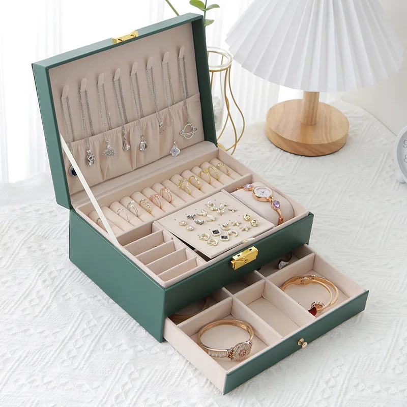 

Home Storage & OrganizationLarge Capacity Lock Double Layer PU Leather Jewelry Box Necklace Ear Jewelry Ring Storage Box