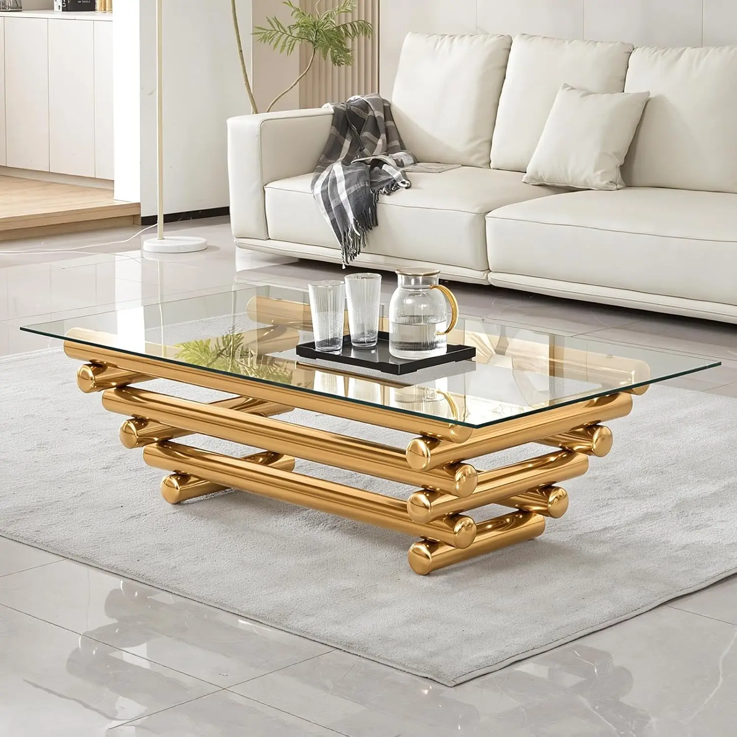 

55" Glass Coffee Table for Living Room, Modern Gold Coffee Tables, Tempered Glass Tabletop, Stainless Steel Legs, Luxury Rectang