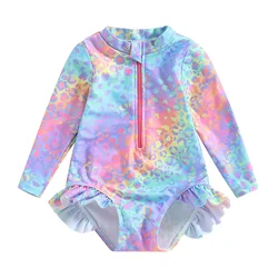 2024 New Toddler Kids Baby Girl Swimsuits Fashion Fish Scale Print Ruffles Long Sleeve Jumpsuit Swimwear Beachwear Bathing Suits