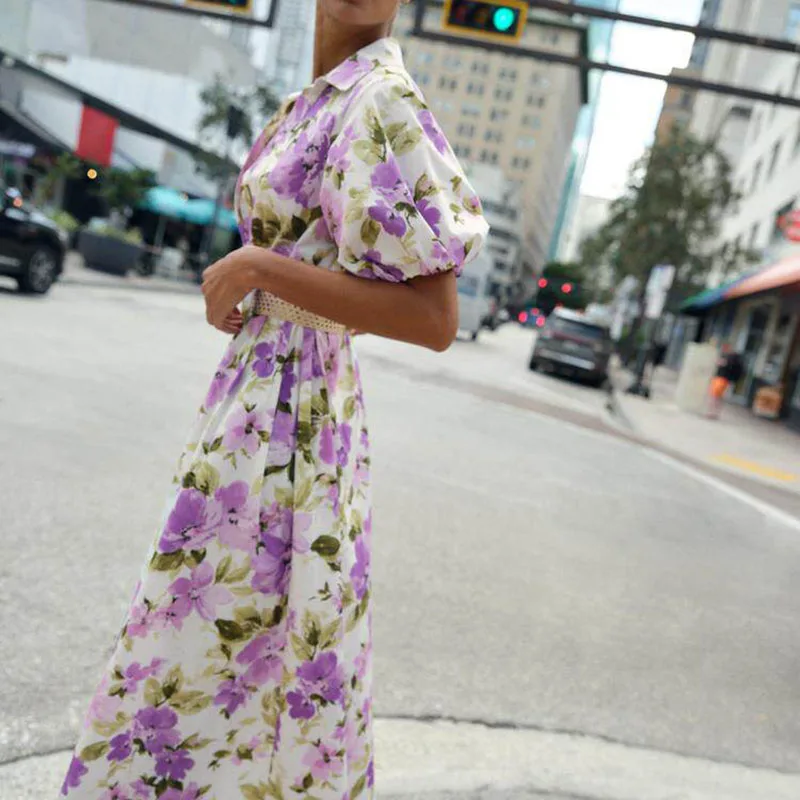 Spring New Arrival Women's Floral Print Dress Waist-Cinching Belted Fashionable Retro Style Young Women's Clothing