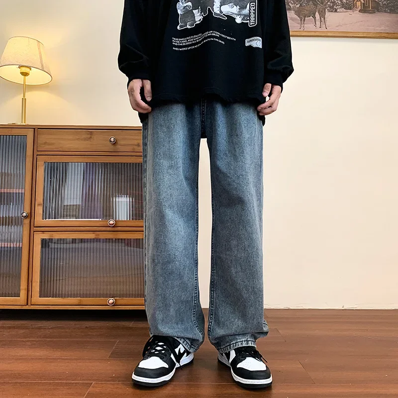 

Осень 202, мужские джинсы, винтажные широкие джинсы, потертые джинсы, свободный крой, высокая талия, карманы, молния, однотонные брюки полной длины