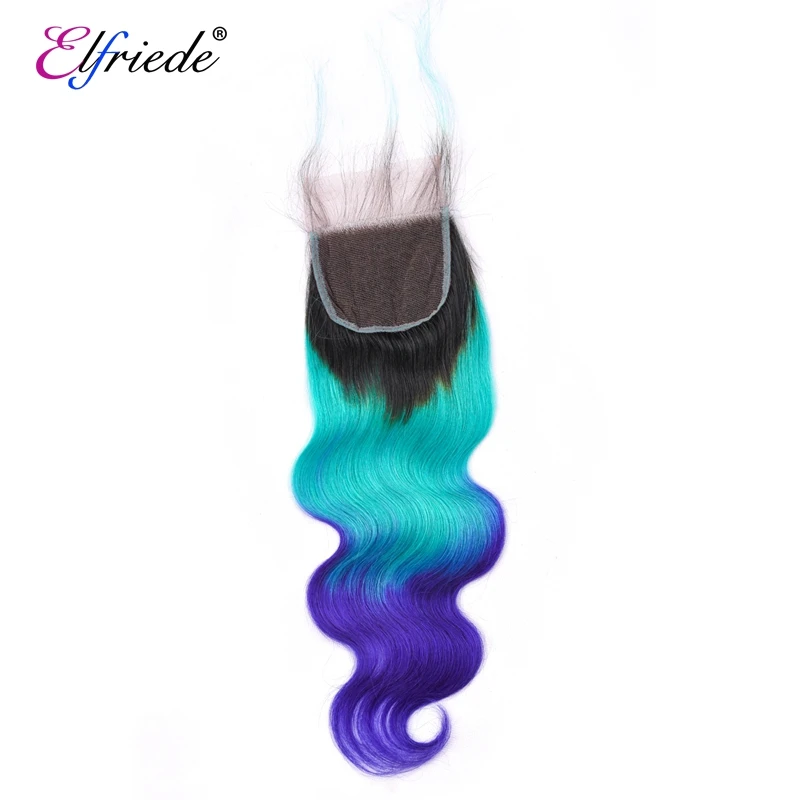 Elfriede #T1B/Light Blue/Blue Body Wave Human Hair Bundles with Closure Remy Hair Weaves Colored 3 Bundles with Lace Closure 4x4