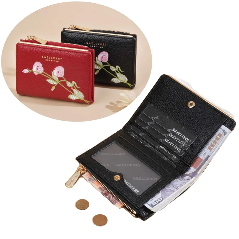 Fashionable Embroidered Litchi Pattern Flower Coin Purse, New Women'S Short Wallet, Thin Card Bag For Female