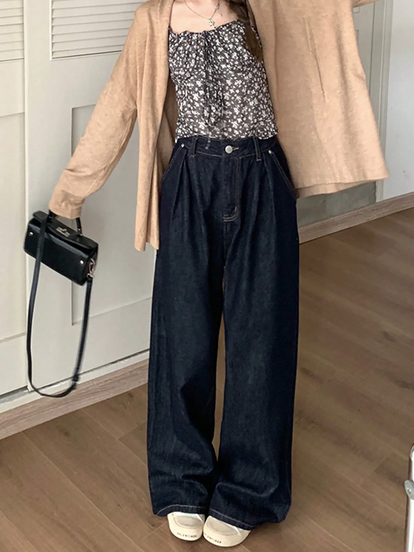 Coreano Chic primavera nuevo Retro de cintura alta de gran tamaño estilo de Hong Kong Hottie suelto adelgazante aspecto pantalones de pierna ancha para mujeres