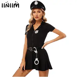 Womens Policewoman Cosplay Costume Cop Officer Dress with Waist Belt Badge Hat and Manacles Cuffs Dirty Cop 4 Piece Uniform