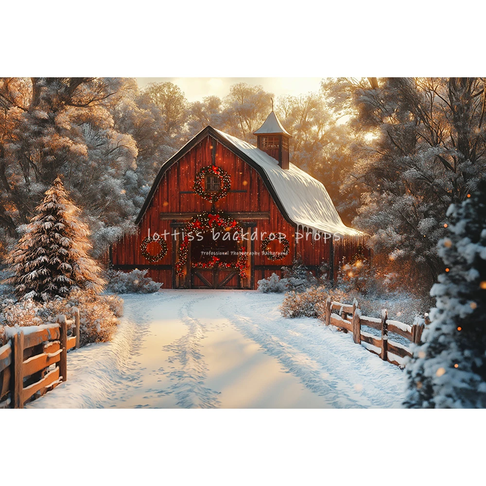 Winter Christmas Barn Cottage Backdrops Kids Family Photography Wooden House Snowy Country Path Snowflake Backgrounds