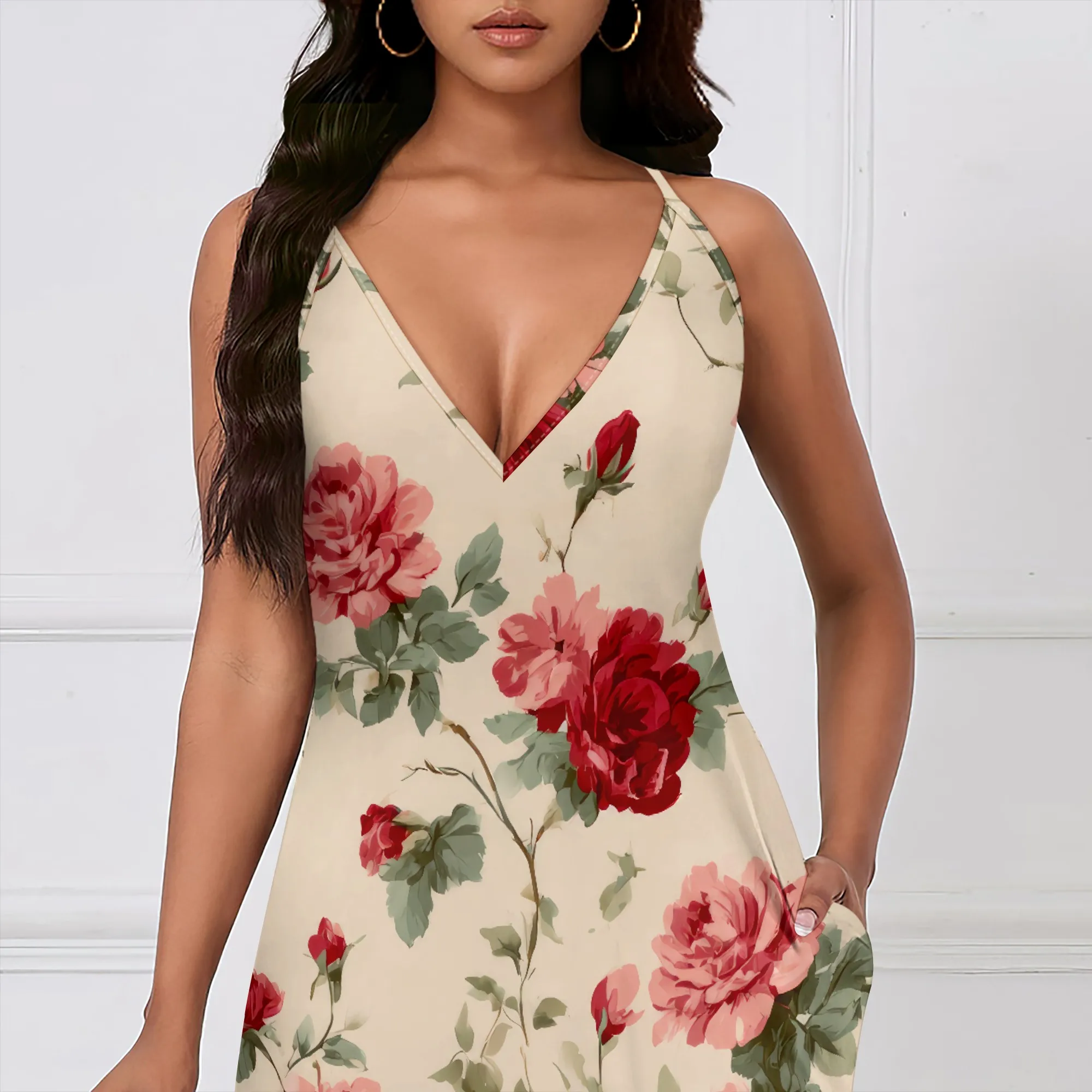 Retro สีชมพูกุหลาบสปาเก็ตตี้ชุดผู้หญิงฤดูร้อนสบายๆ V คอยาว Maxi Dress Sundress