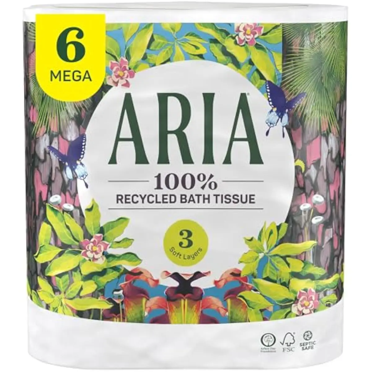 100% Recycled Toilet Paper, 6 Rolls, 3-Ply Soft Bath Tissue, Paper Packaging