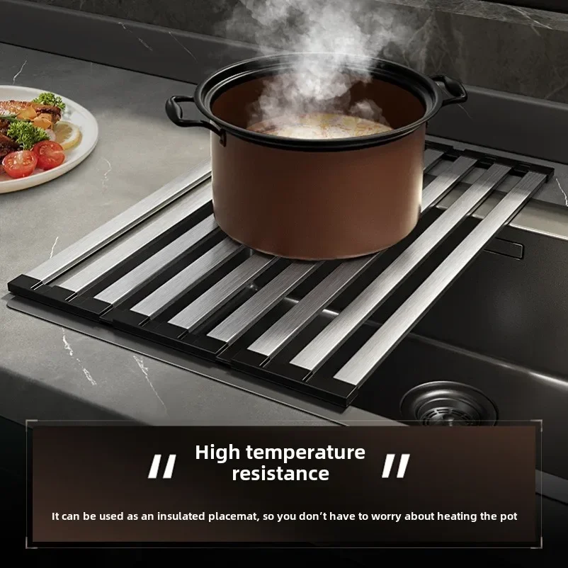 رف تصريف حوض المطبخ من الفولاذ المقاوم للصدأ 304، وعاء الحوض ورف تخزين الأطباق، سلة تصريف قابلة للطي وقابلة للسحب