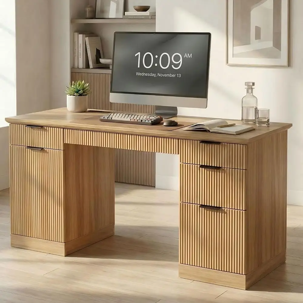 

Large Natural Oak Computer Desk with 5 Drawers, Charging Station, and Keyboard Tray