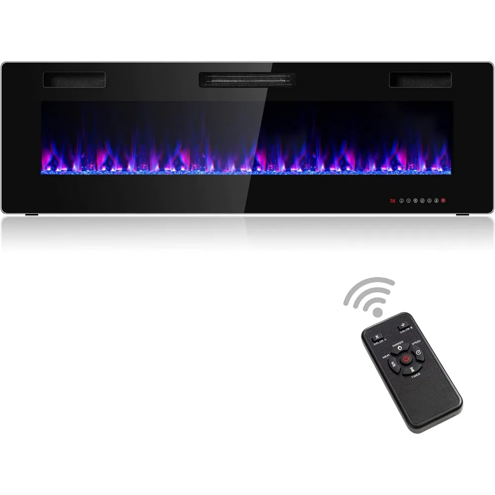 

60-Inch Electric Fireplace, 750W/1500W Wall Recessed and Mounted Fireplace Insert with Remote Control, 12 Flame Colors