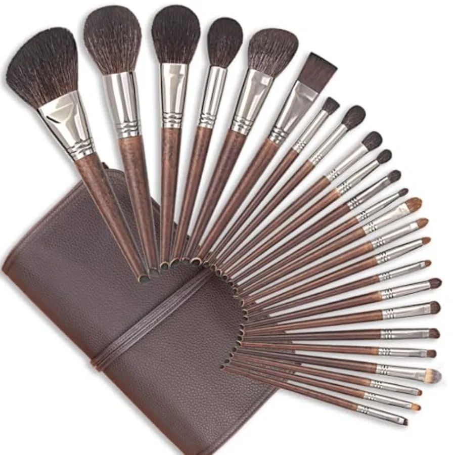 

Professional deluxe goat hair makeup brush set with case: 24-piece wooden natural bristle brushes for studio and daily use, ele