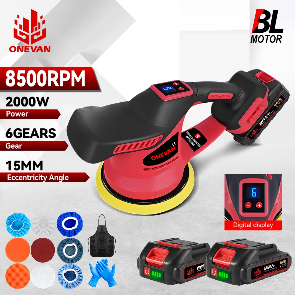 ONEVAN 6 vitesses polisseuse électrique sans brosse sans fil 8500 tr/min polisseuse de voiture outil de ponçage de cire électrique automatique pour broche de batterie 18v