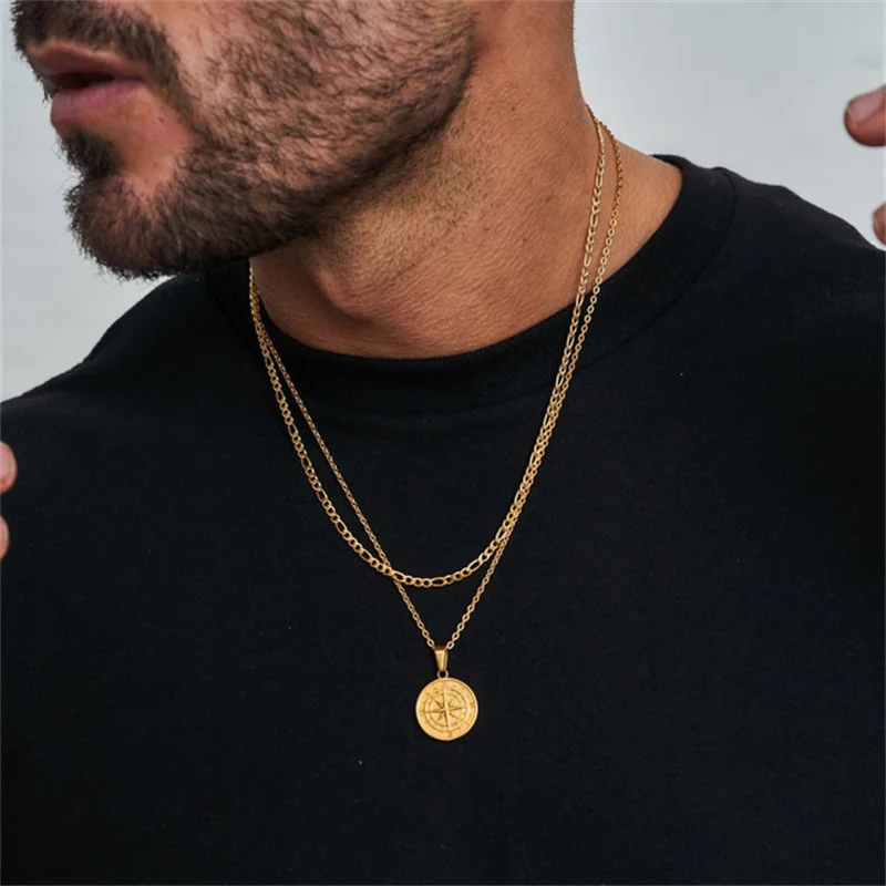Rock-Mehrschichtige Kettenhalskette für Männer, Hip-Hop-Münzanhänger-Halskette, Figaro-Twist-Kettenhalskette, Herren-Street-Schmuck – Detail 3