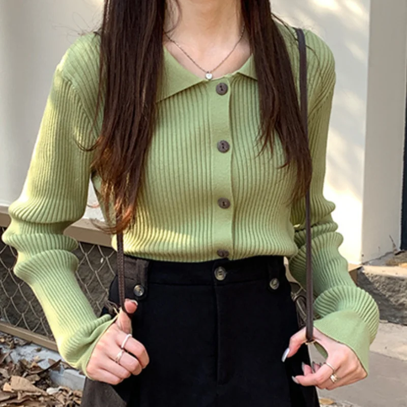 

Knitted Cardigans Women 5-colors Vintage Simple Spring Korean Style Turn-down Collar Harajuku Casual Age-reducing All-match Ins