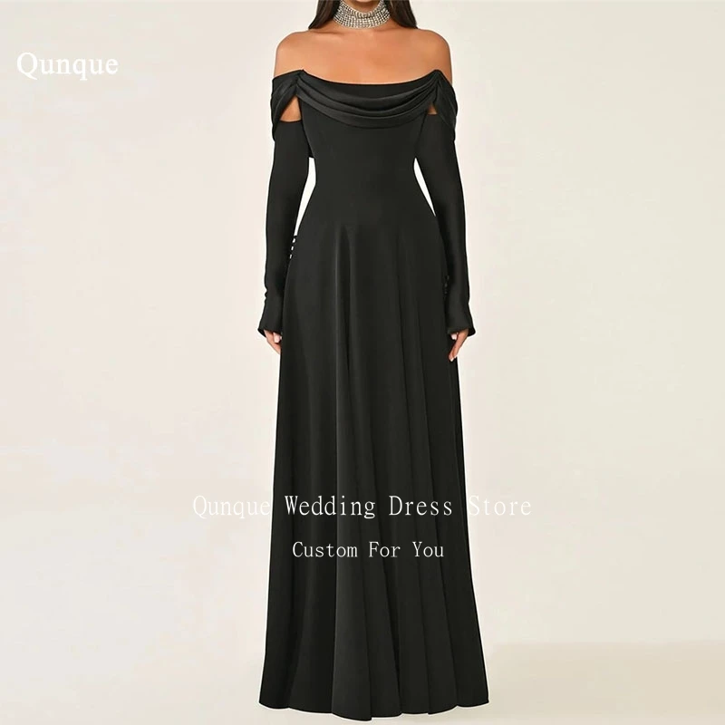 

Qunque Black Vintage Satin Evening Dresses for Women Long A Line Prom Dresses Full Sleeves With Buttons Party Gown Customized