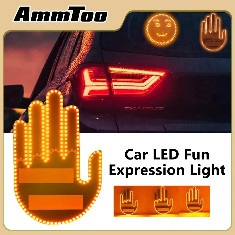 AmmToo Car LED Fun Expression Light Car Finger Light With Remote Road Rage Signs Middle Gest Hand Lamp Sticker Glow Panel