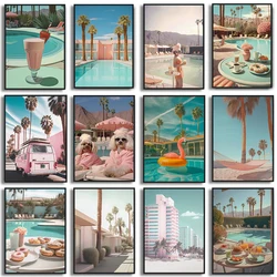 Retro Palm Spring Swimming Pool Flamingo Cocktails Beach Landscape Poster Wall Art Pictures Canvas Painting Home Hotel Decor