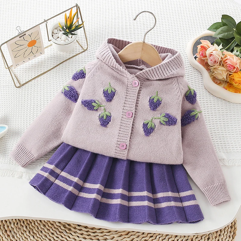 2025 New Autumn Winter 2-6Yrs Baby Girls Clothing Set Long Sleeved Knitted Hooded Cardigan+Skirt Kids Knitted Clothing Suit
