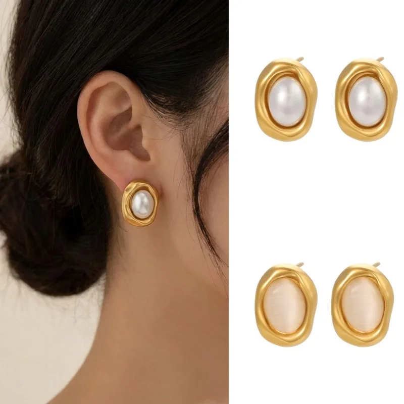 Vintage Hammered Frame Oval Pearl Stud Earrings Waterproof Titanium Steel Ladies Daily Ear Accessory