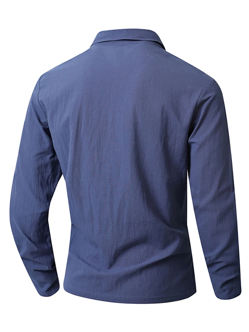 Herren Leinen Langarmhemd mit Umlegekragen und V-Ausschnitt, normale Passform, für Frühling und Herbst, lässig, geschäftlich, alltagstauglich, leichte Oberteile – Detail 5