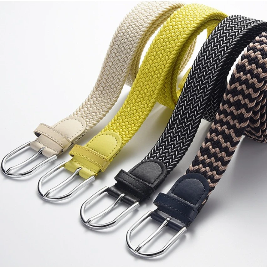 حزام نسائي منسوج قابل للتمدد 105 سم - قماش أبيض فاخر، إبزيم إبرة كاجوال من خليط معدني، مناسب للأولاد أيضًا