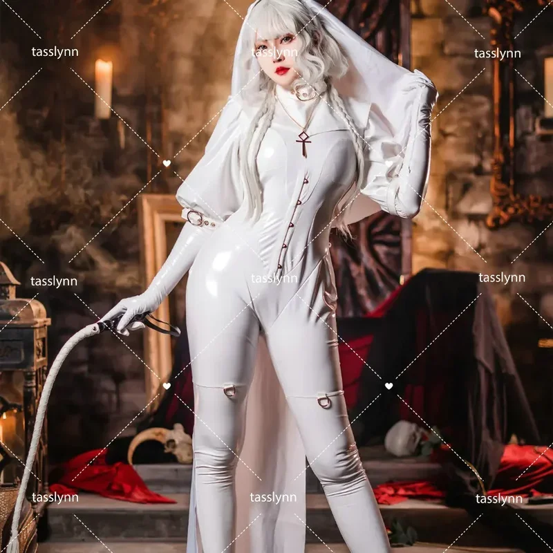 섹시한 차우비 스위트 블랙 화이트 수녀 코스프레 의상, 핫 애니메이션 코스프레 유니폼, 섹시한 소녀 다크 레인 샬롯 코스프레 코스튬