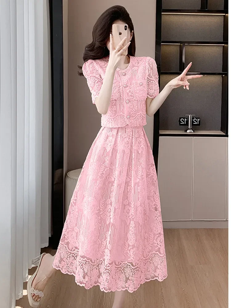 New High End Summer Lace Two Piece Set Women Korean Fashion Embroidery Hollow Out Beaded Short Sleeve Shirt Top Midi Skirt Suit