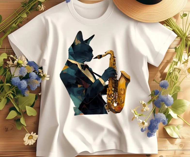 Abstract Black Burmese Cat Playing Saxophone in Tuxedo T Shirt Unique Lover Musician Cool Sax Player