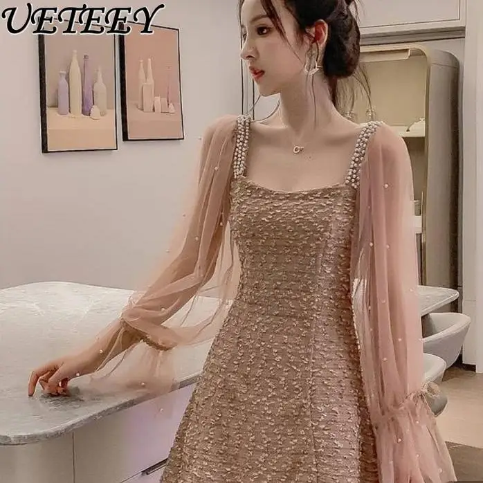 

Spring and Autumn Temperament Slim Fit Mid-length Mesh Splicing Long Sleeve Dress Versatile Bead High Waist Dresses for Women