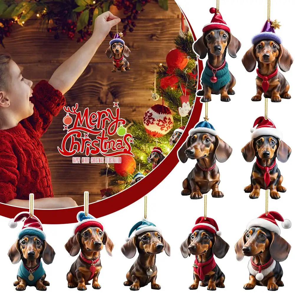 Cartoon Cute Dog Christmas Ornaments Fun Dachshund Xmas Graphic Pendant Dog Home Design Decor Car Hanging Tree Decoration S6X6