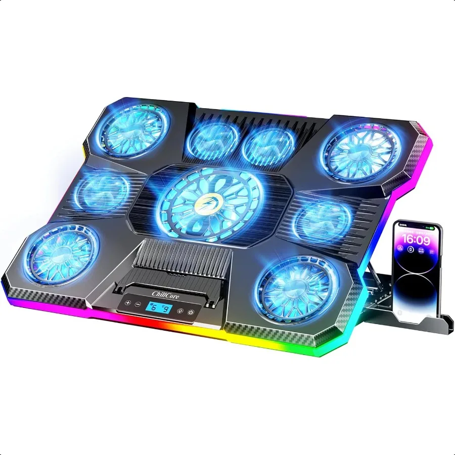 

Охлаждающая подставка для ноутбука ChillCore с RGB-подсветкой, 9 вентиляторов для ноутбуков 15,619,3 дюйма, охлаждающая подставка для игрового ноутбука с 8 Hei
