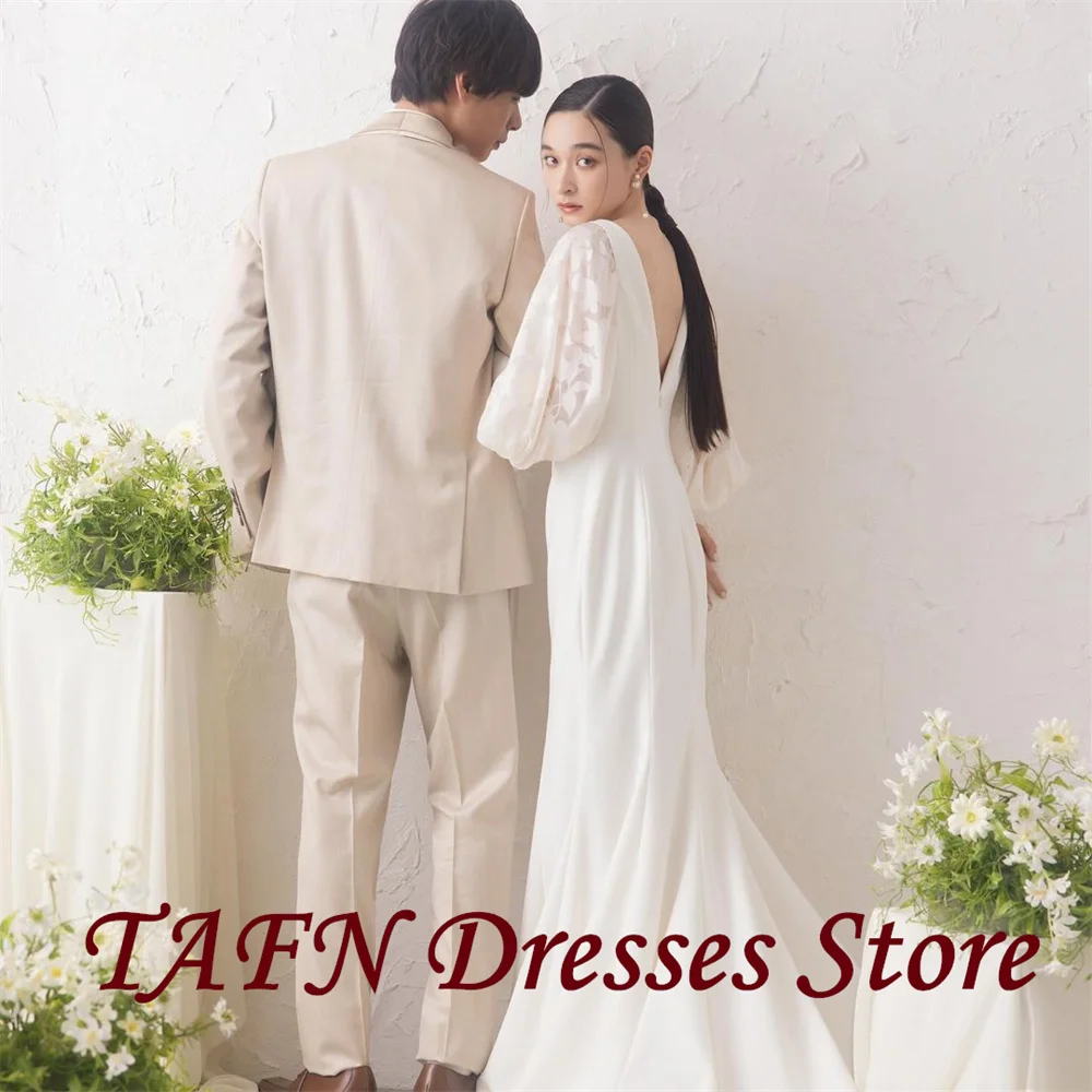 Tafn bescheidene japanische Brautkleider V-Ausschnitt lange Ärmel Brautkleid einfache elegante boden lange Fotoshooting Kleid nach Maß