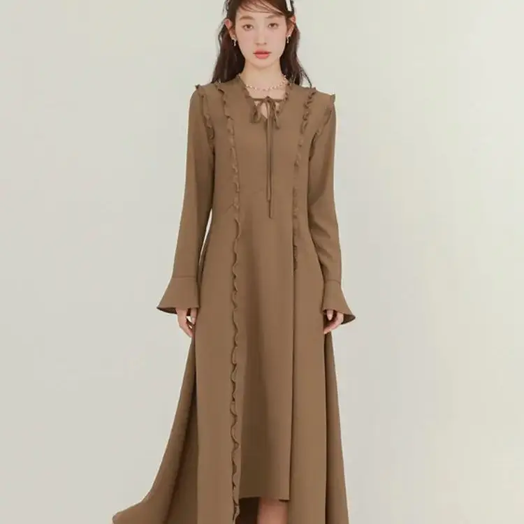 

Dress V-Neck Pleated Lace-Up Bow Korean Women'S Elegant And Chic Solid Color Loose Fashion Casual Long-Sleeved Dress