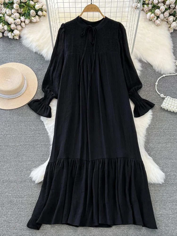 Elegant White Dress Women French Round Neck Long Sleeved Loose Long Dresses Ladies Spring Autumn Vintage Oversized Long Robe