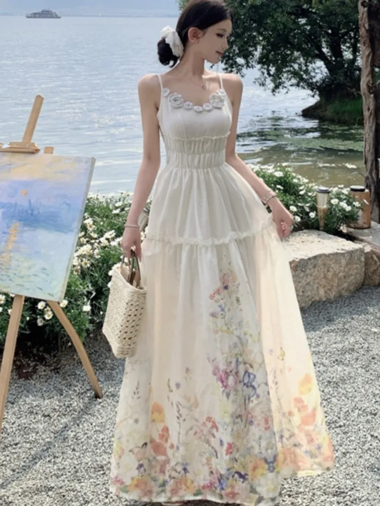 ผู้หญิงปาร์ตี้วันหยุดฤดูร้อนชุดยาวสง่างามสายรัดปาเก็ตตี้เก๋แขนกุดพิมพ์ลายดอกไม้วินเทจเดรสวันหยุดชายหาดโบโฮ