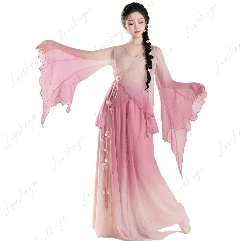 بدلة ممارسة أداء الرقص الكلاسيكي الجديد مع نسيج حريري متدرج متدفق - فستان أداء الرقص الصيني