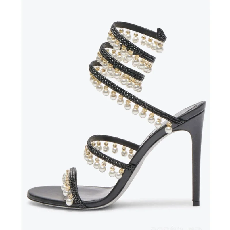 

Bling Crystal Pearls Cross Strap Round Toe Platform Summer Women Sandals Stiletto High Heel Lace Up Design Large Size Party Shoe