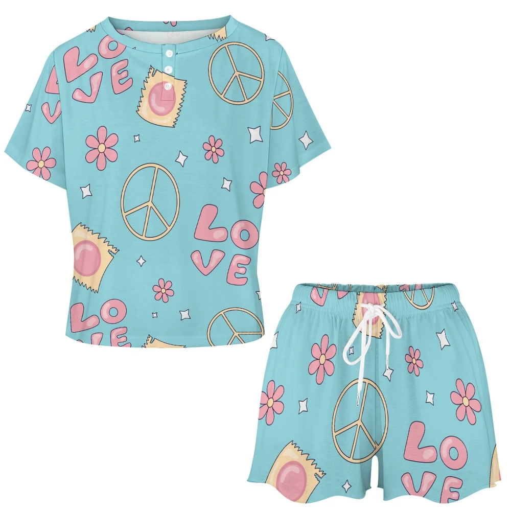 Peace Signs Pattern 2 pezzi da donna Button Down manica corta bottone anteriore Sleepwear Loungewear PJ Set Summer Home Suit