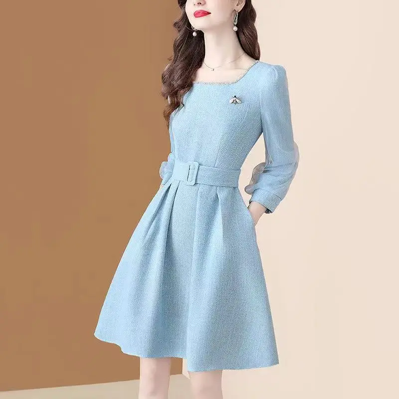 Autumn Winter Woolen Dress Women Elegant Office Ladies Work Knee-Length Midi Dress Long Sleeve A Line Blue Pink Party Vestidos