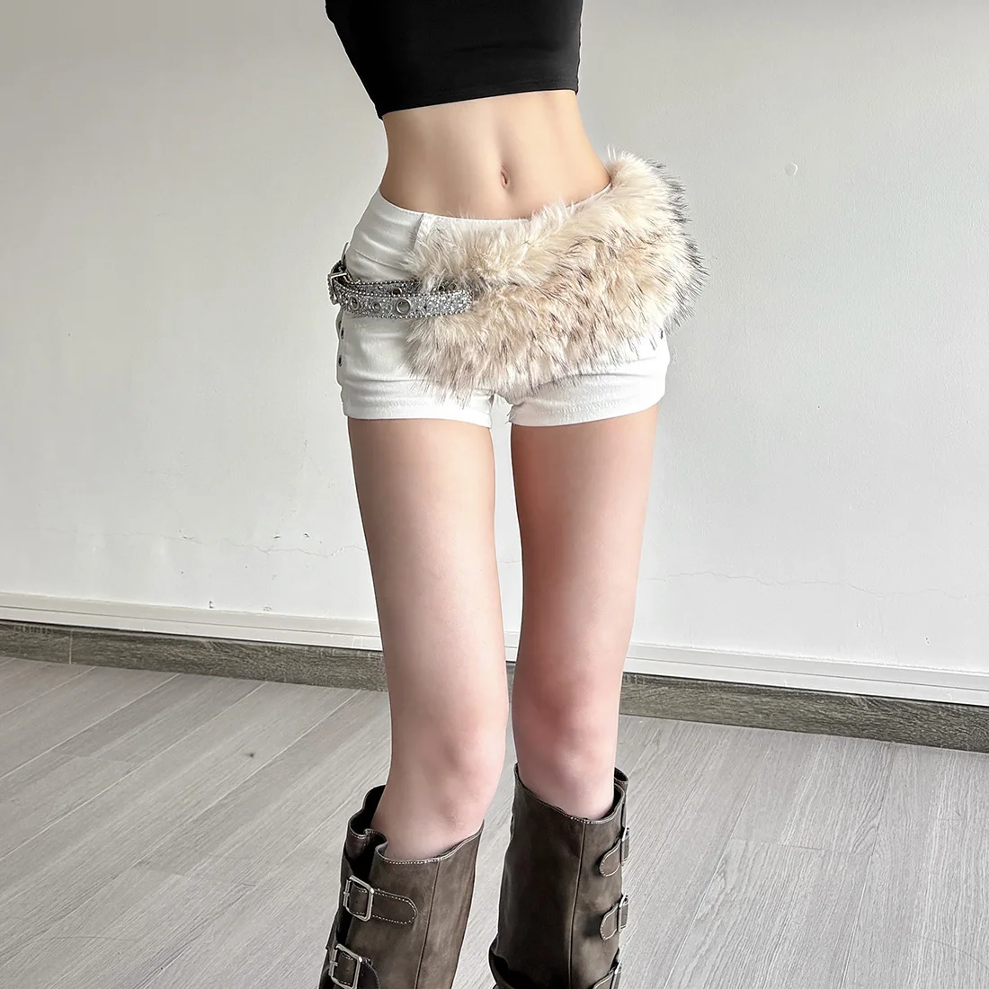European Style Autumn Winter Imitation Furry Pu Waistbands Women Silver Sequined Rhinestone Rivet Studded Wide Furry Waist Belts