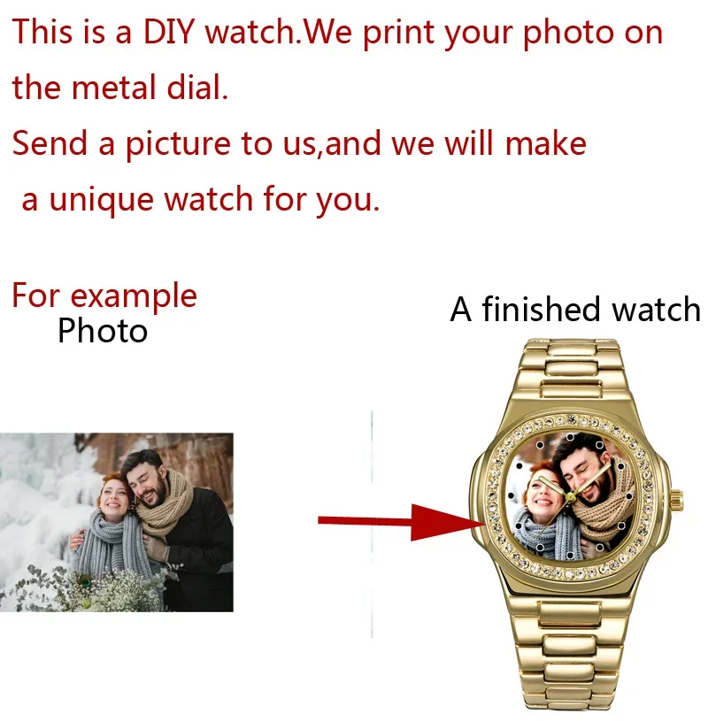 Homens de Ouro Preto Cor Rhinestone Watch, Foto personalizada, Cara do relógio, Logotipo de Design Criativo, Relógios Personalizados, Presente DIY