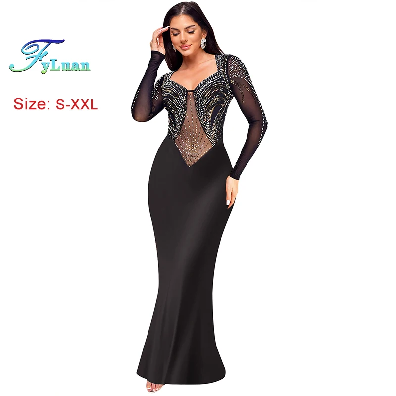 หรูหราแฟชั่นตาข่ายดูผ่านผู้หญิงชุดราตรีชุดนางเงือกเซ็กซี่ Elegant Party Club แขนยาว Rhinestone ชุดราตรียาว
