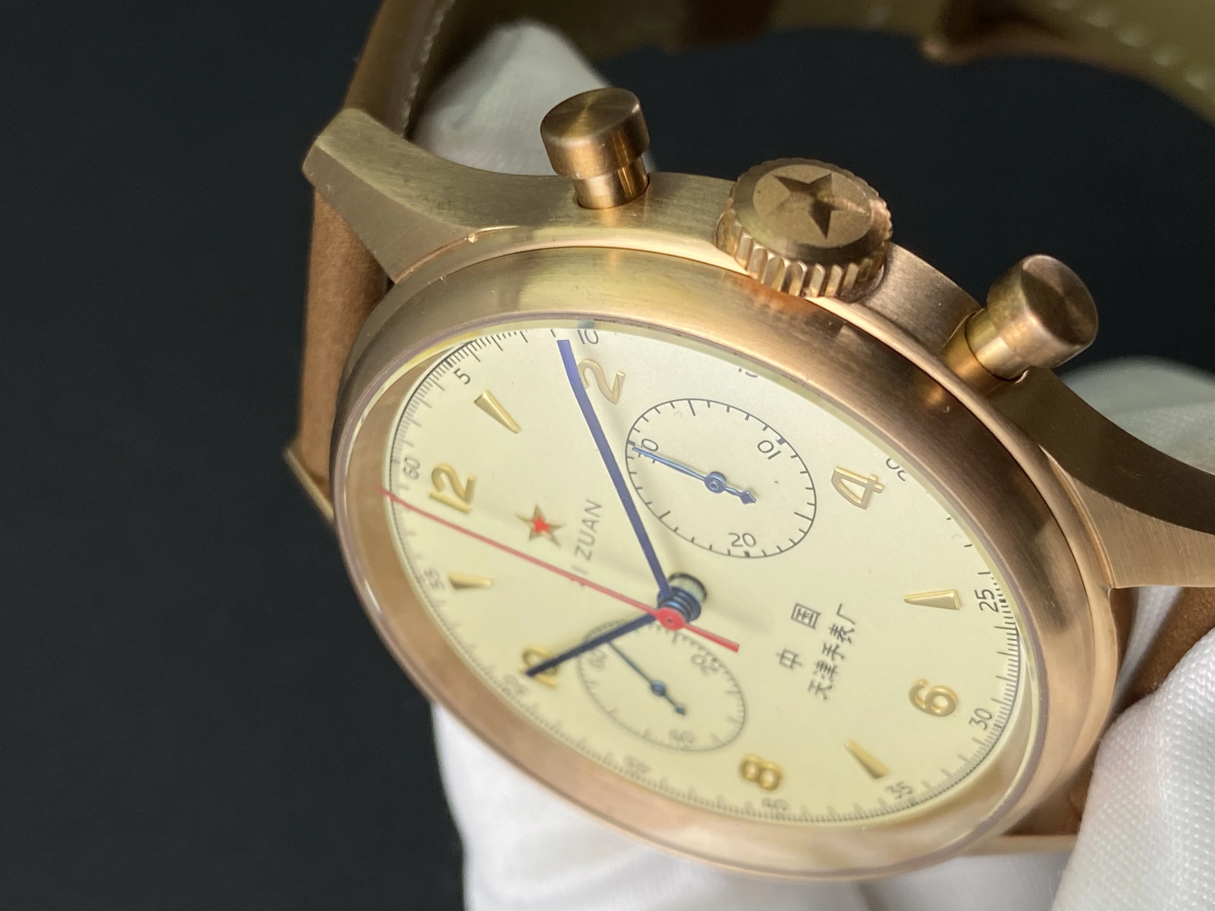 Premium Tin Bronze Case Vintage Pilot Manual Chronograph Watch Seagull ST1901 Column Wheel Mechanical Movement Dome Bubble Glass view 5