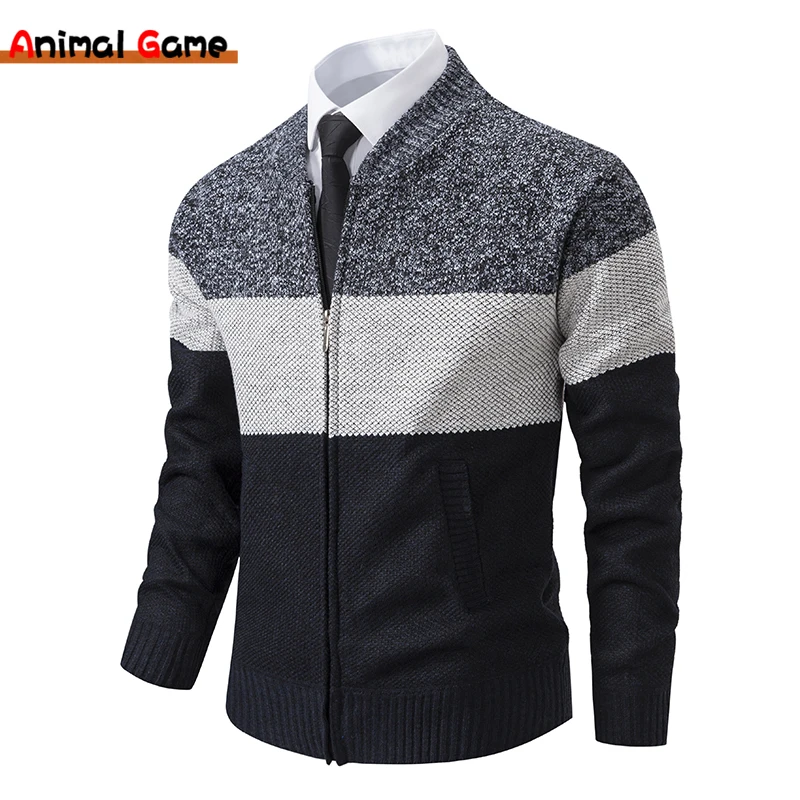 Jaket Slim Fit pria, jaket Sweater hangat katun padat tebal kerah berdiri musim gugur/dingin