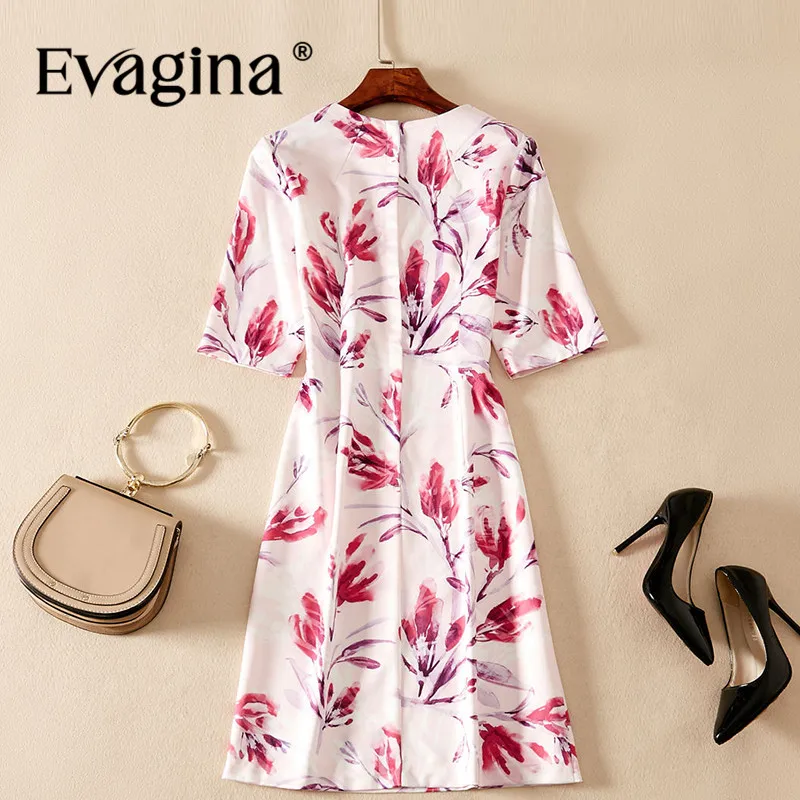 Evagina Fashion Design Spring Summer Women's O-Neck Short-Sleeved Pretty Print High Street Pink A-Line Mini Dresses