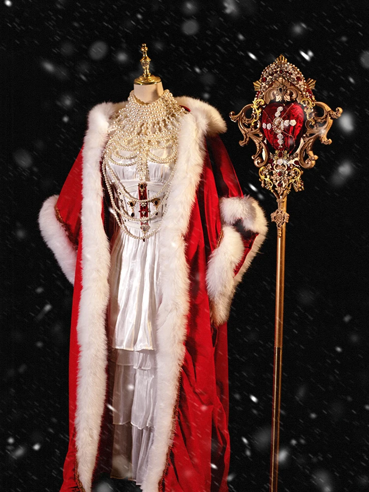 Catharina de Grote wordt gekroond met katoen gewatteerde imitatie vossenhaar rode fluwelen cape Kerstmis Nieuwjaar jurk