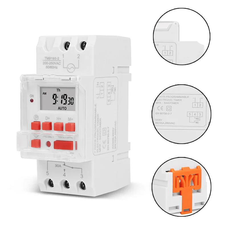 

SINOTIMER TM919B 30A Programmable Digital Timer Switch DIN Automatic Cycle Timing Controller For Lights, Fans