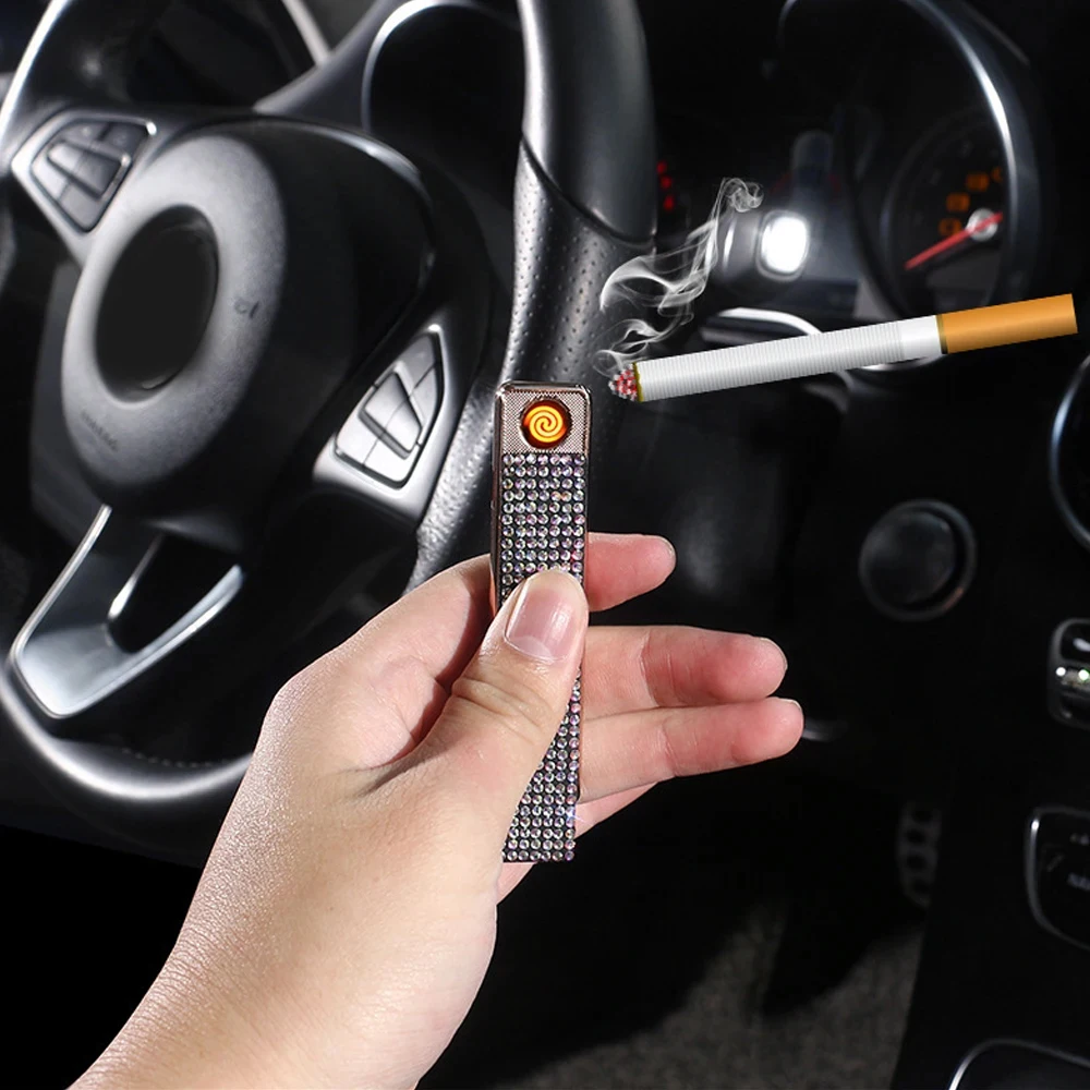 Portable Ultra Thin Lighter Double-Sided Diamond Embedded Windproof USB Lighter Charging Tungsten Ignition Silent Luxury Lighter